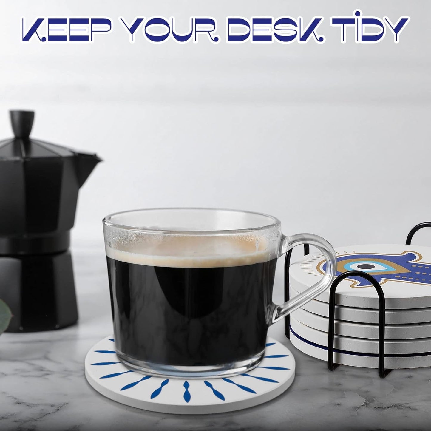 Dessous de verre absorbant en liège et céramique, motif œil maléfique, pour café, Y35