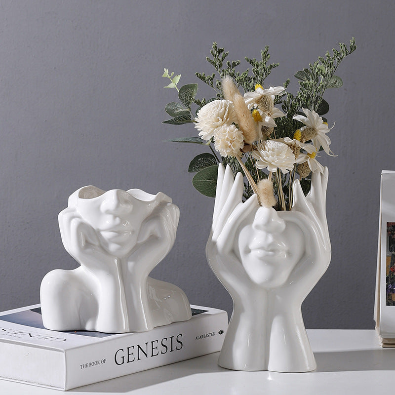 Modern Creative Face White Ceramic Vase Farmhouse Desk Decor Y05