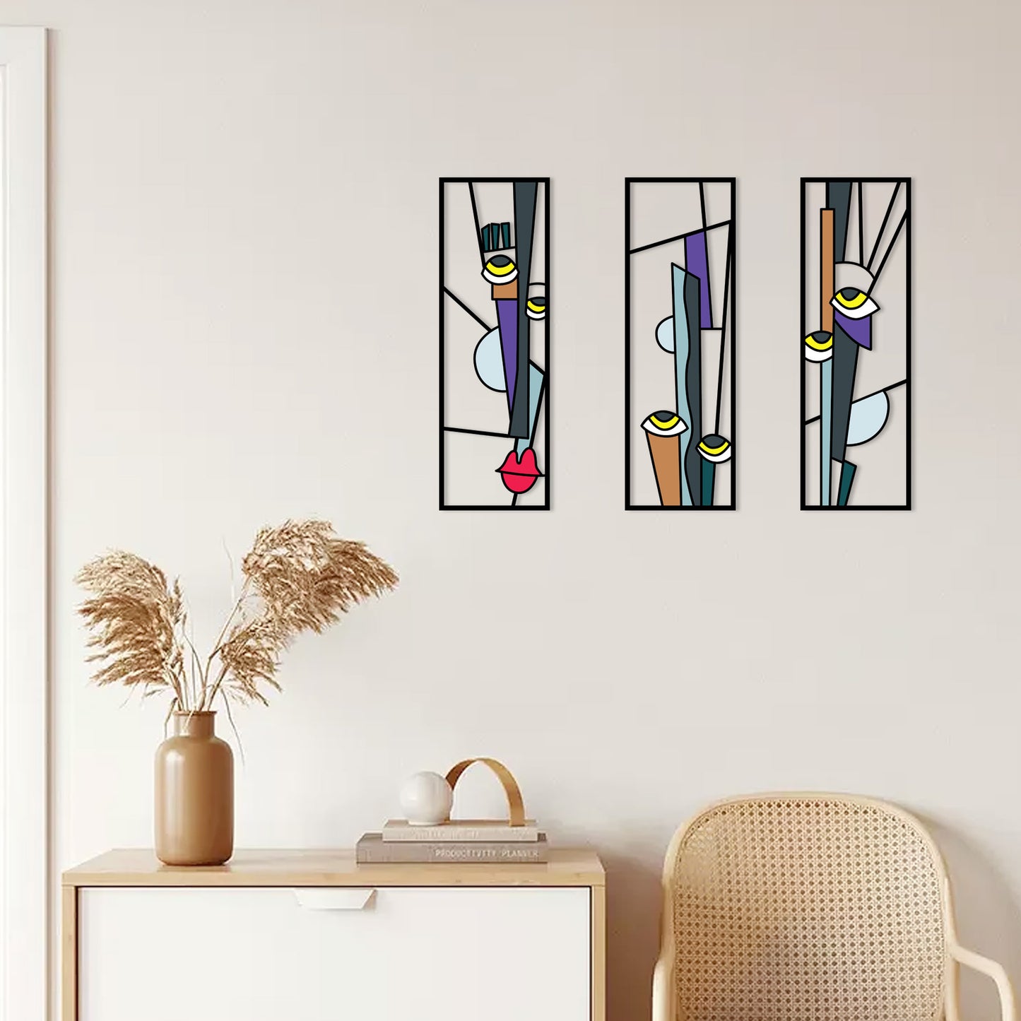 Décoration murale en métal peinte triptyque Décoration d'intérieur Cadeau de pendaison de crémaillère Y14