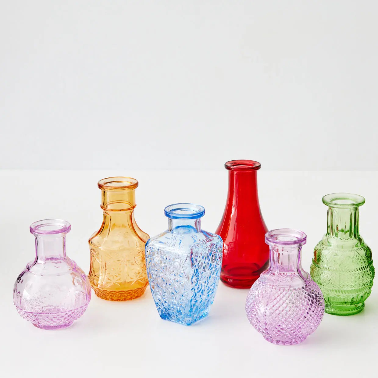 Lot de 6 vases en verre coloré à bourgeons vintage