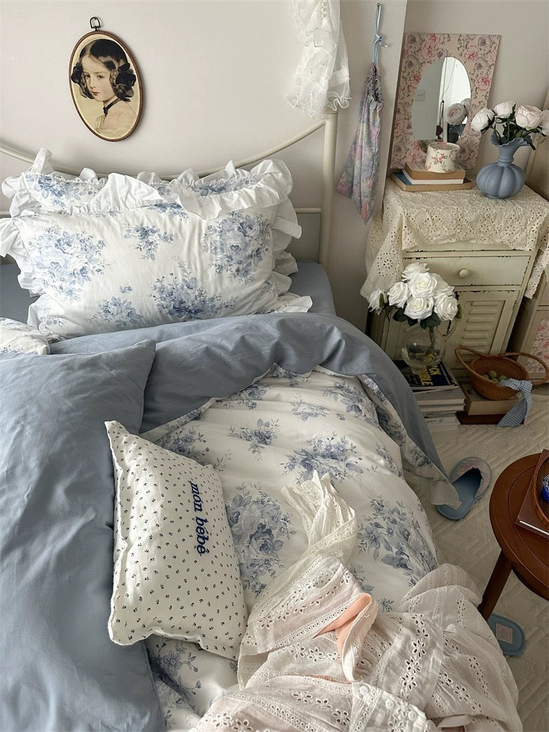 Blue Floral Ruffle Cotton Duvet Cover Set