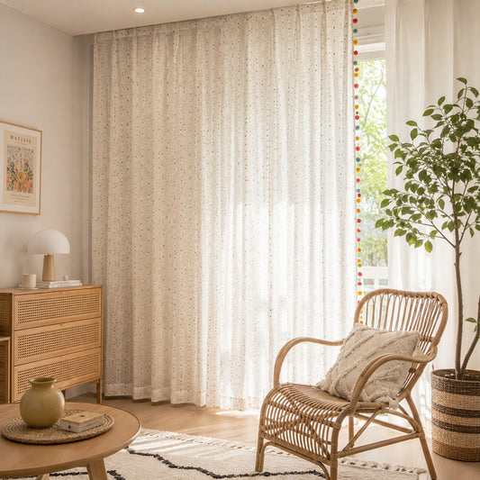 Boho Pom Pom Curtains – Sheer Cotton-Linen Window Drapes