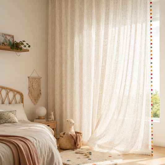 Boho Pom Pom Curtains – Sheer Cotton-Linen Window Drapes
