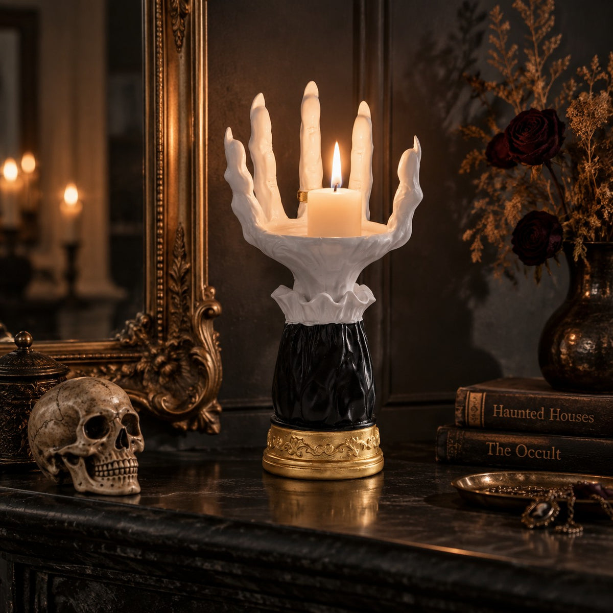 Portavelas de mano de bruja de Halloween | Decoración de candelabro gótico de resina
