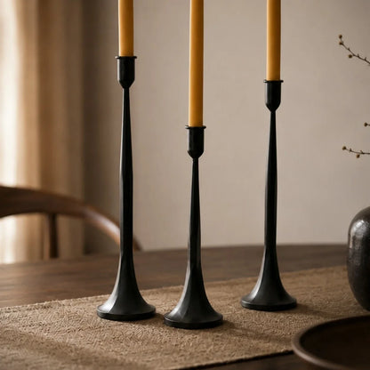 Wabi-Sabi Black Iron Taper Candle Holder Set