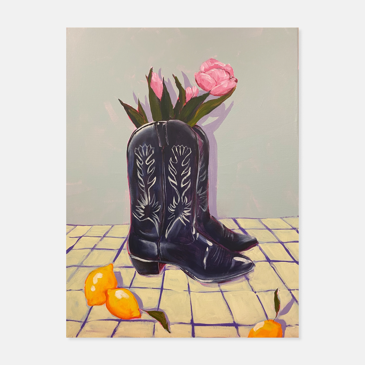 Still Life with Tulips in Boots Print by Lindsey Cherek Waller