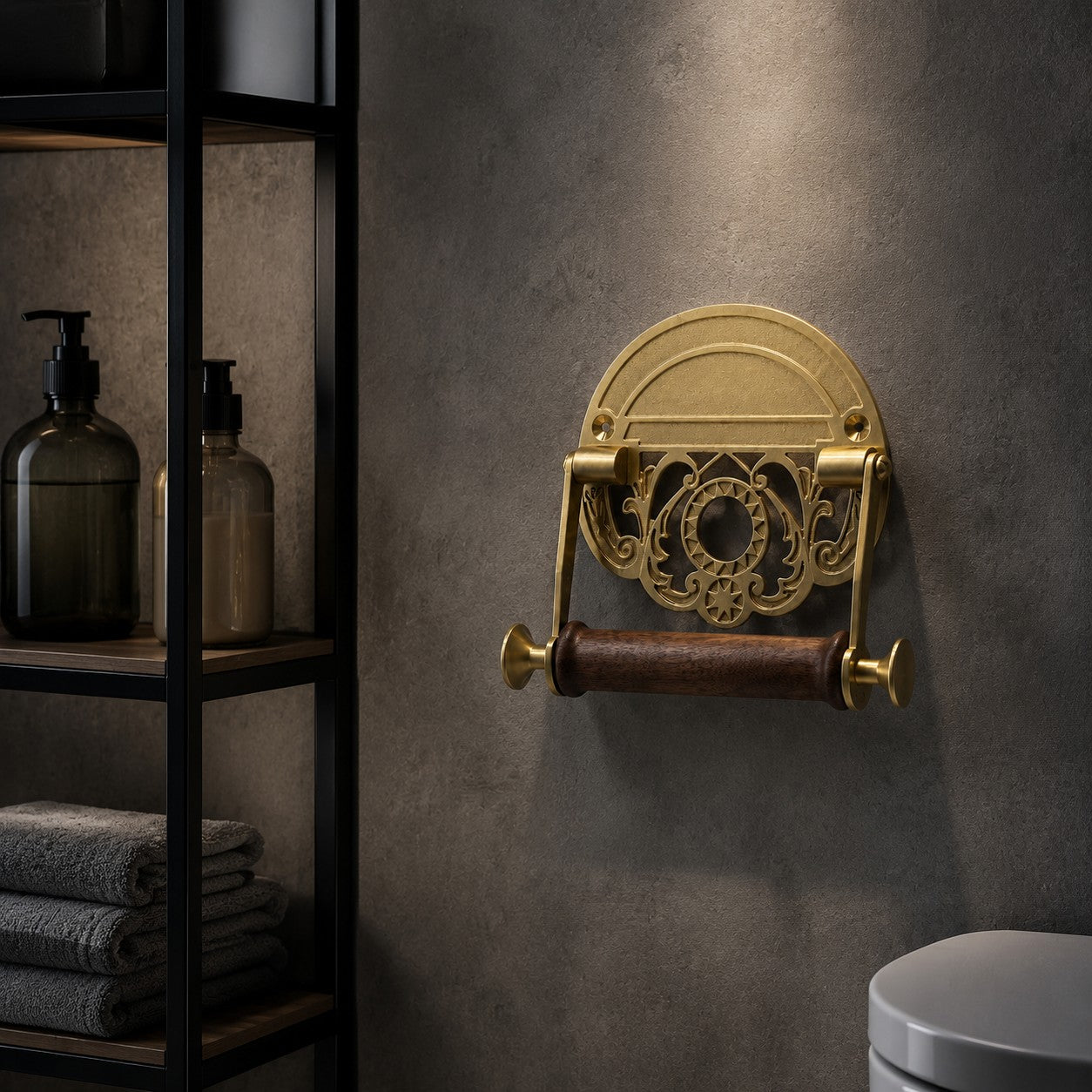 Antique Brass Toilet Paper Holder with Walnut Roller