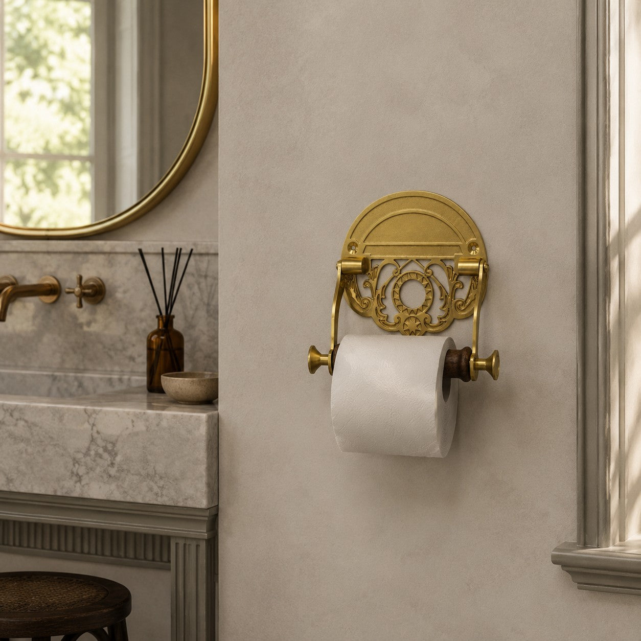 Antique Brass Toilet Paper Holder with Walnut Roller