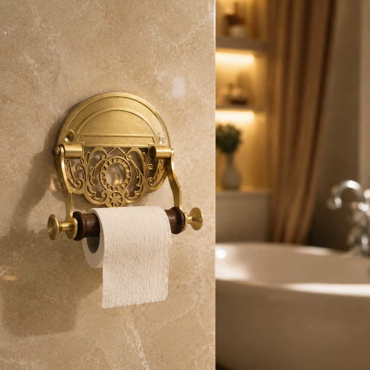 Antique Brass Toilet Paper Holder with Walnut Roller
