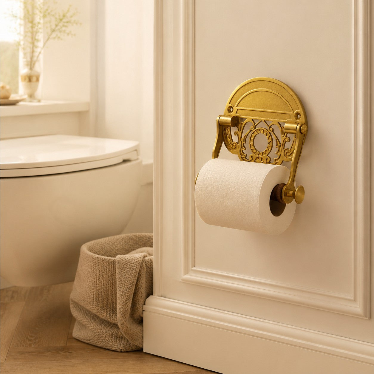 Antique Brass Toilet Paper Holder with Walnut Roller