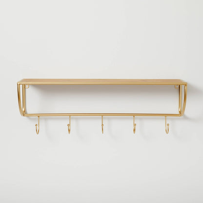 Wall Shelf with Brass Hooks