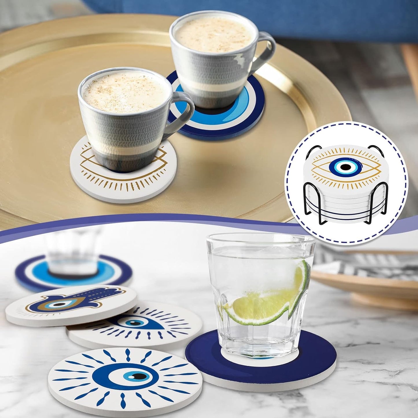 Dessous de verre absorbant en liège et céramique, motif œil maléfique, pour café, Y35
