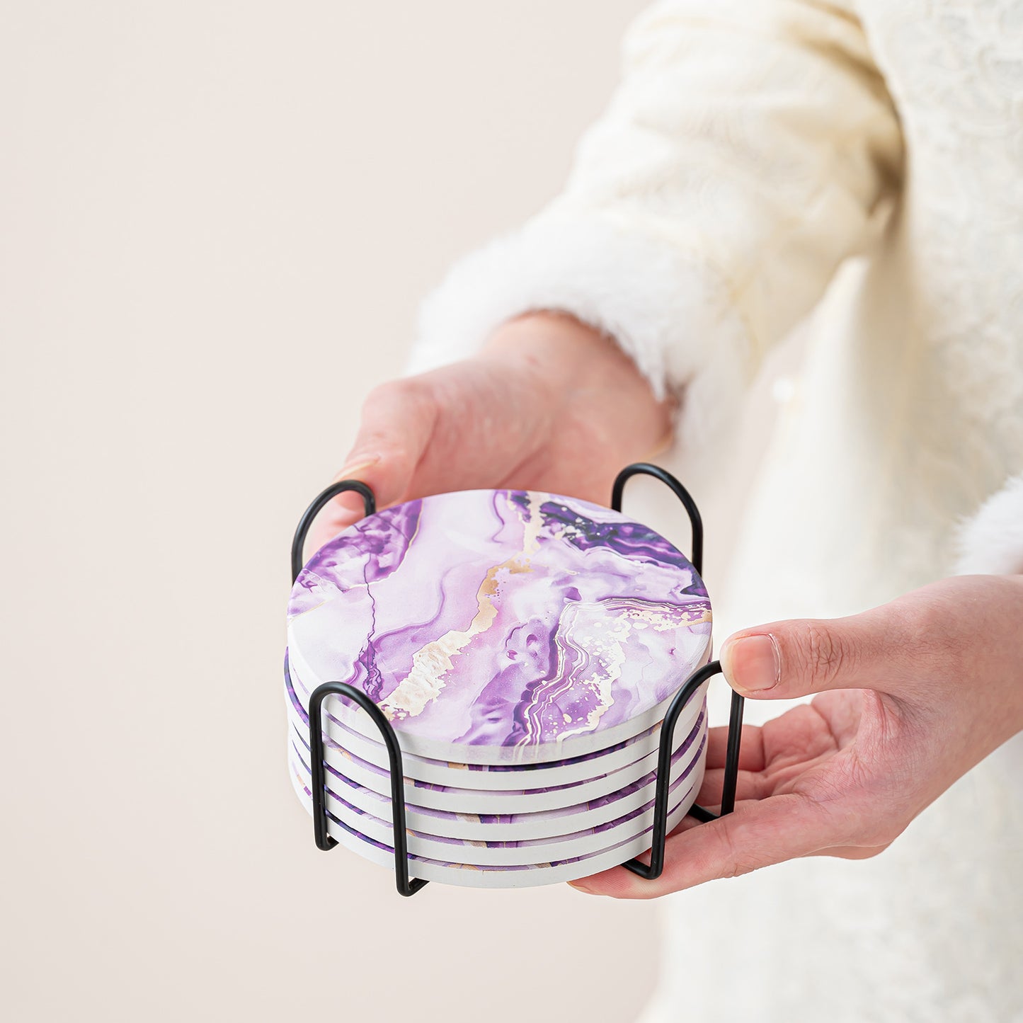 Creative Gradient Round Absorbent Ceramic Coaster Set With Marble Texture Y27