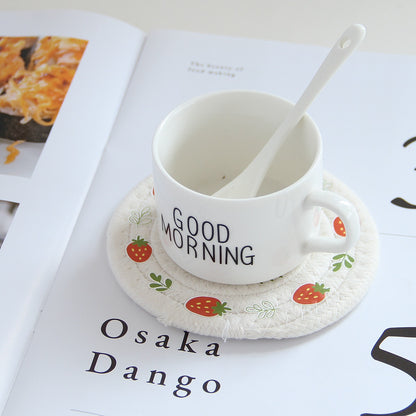 Nordic Strawberry Round Tea Coaster Handmade Woven Placemat Y40