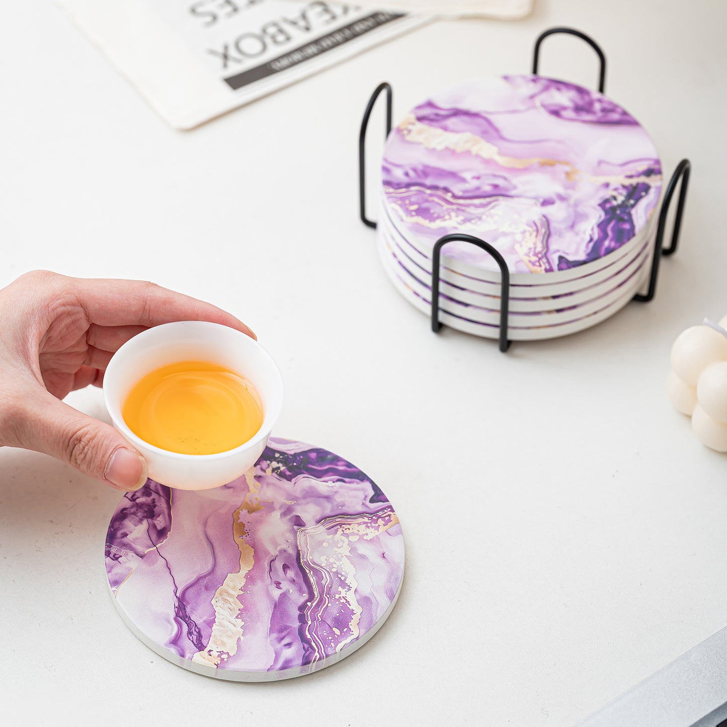 Creative Gradient Round Absorbent Ceramic Coaster Set With Marble Texture Y27