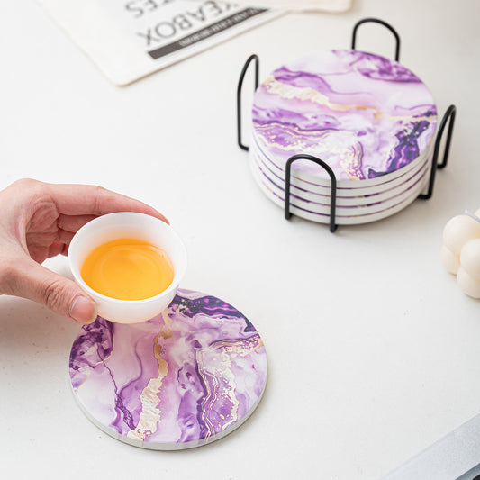 Creative Gradient Round Absorbent Ceramic Coaster Set With Marble Texture Y27