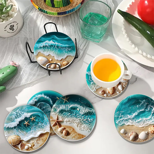 Nature Blue Sea Shell Acrylic Coaster Set Home Party Bar Coaster Decoration Y36