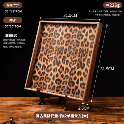 Vintage Walnut Wood Leopard Print Tray with Dividers for Jewelry Storage