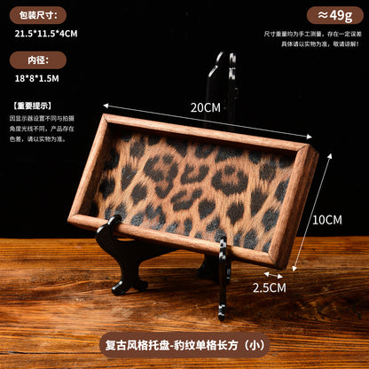 Vintage Walnut Wood Leopard Print Tray with Dividers for Jewelry Storage