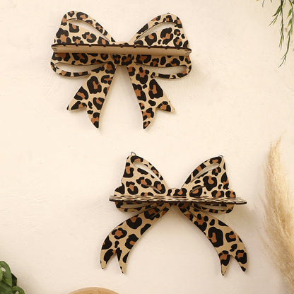 Leopard Print Wooden Wall Shelf with Bow Knot for Bedroom Decor