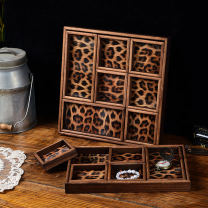 Vintage Walnut Wood Leopard Print Tray with Dividers for Jewelry Storage