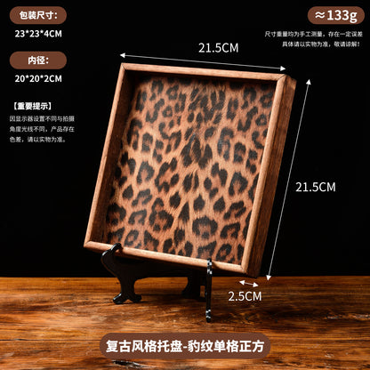 Vintage Walnut Wood Leopard Print Tray with Dividers for Jewelry Storage