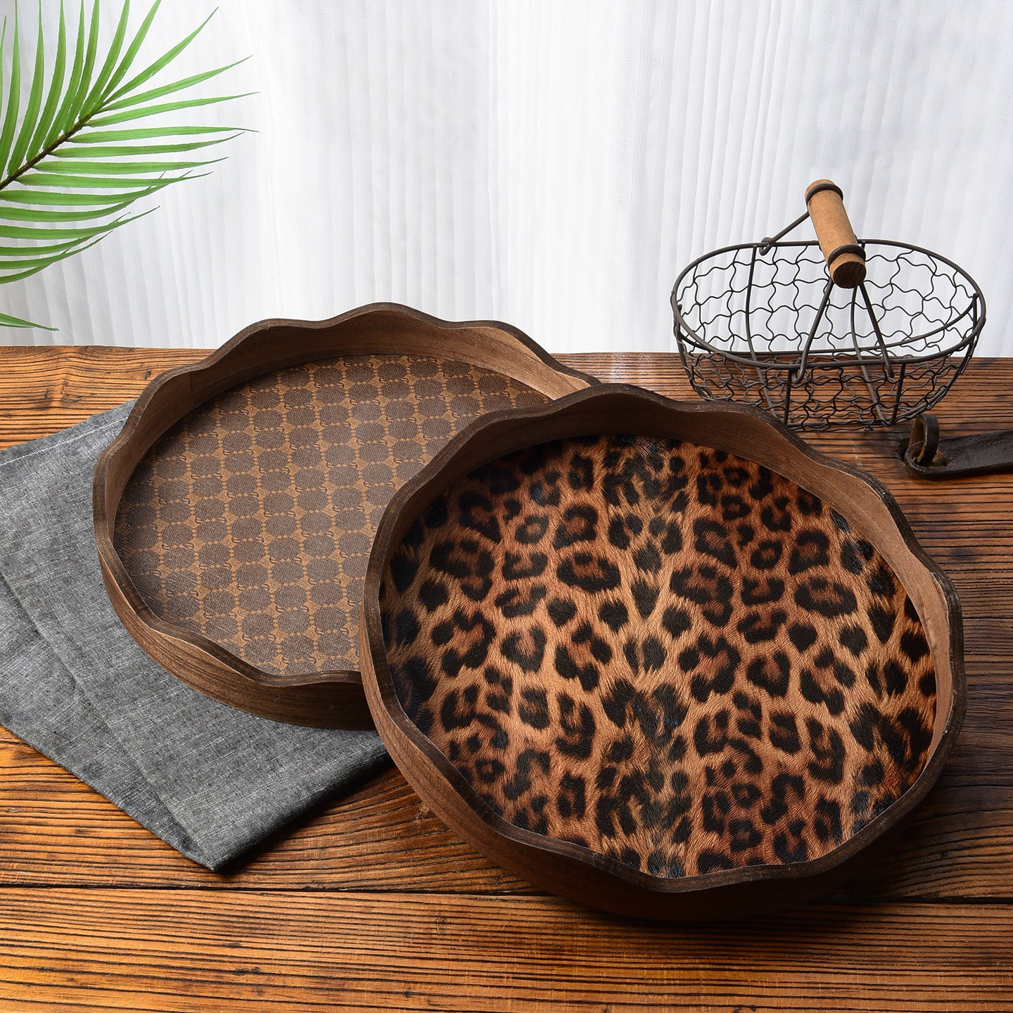 Vintage Walnut Wood Leopard Print Tray with Dividers for Jewelry Storage