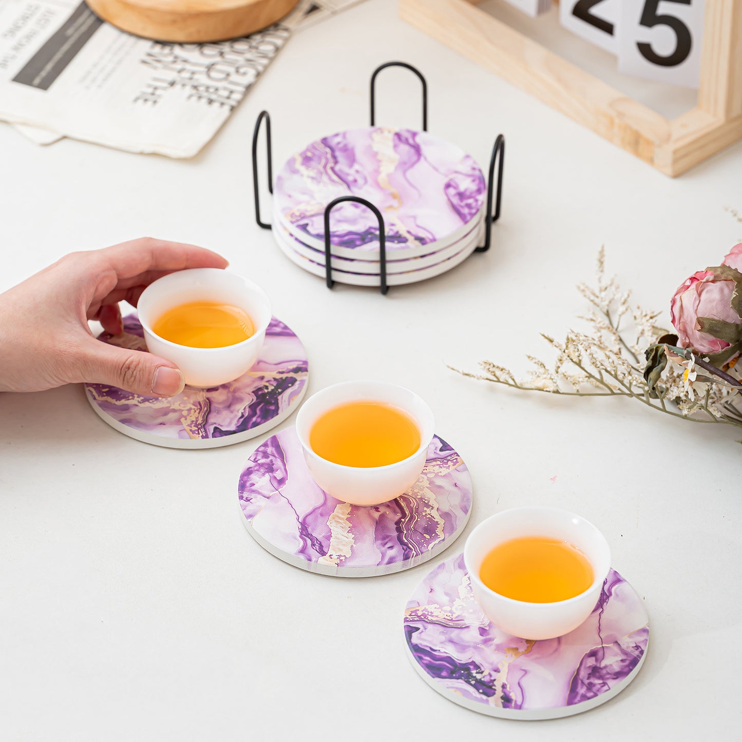 Creative Gradient Round Absorbent Ceramic Coaster Set With Marble Texture Y27