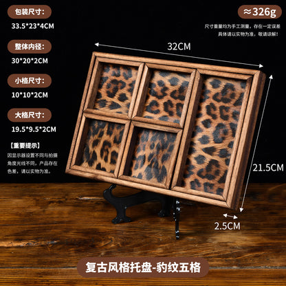 Vintage Walnut Wood Leopard Print Tray with Dividers for Jewelry Storage