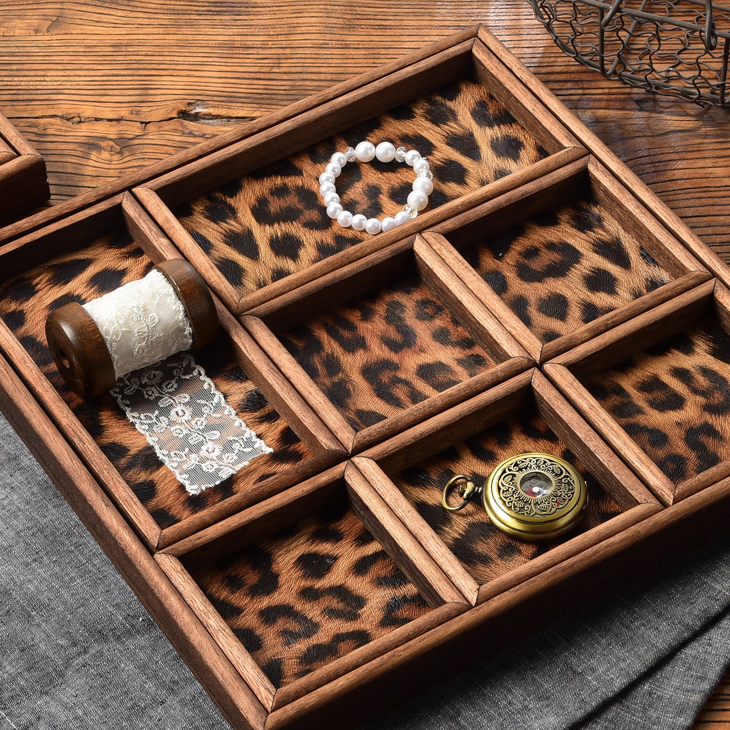 Vintage Walnut Wood Leopard Print Tray with Dividers for Jewelry Storage
