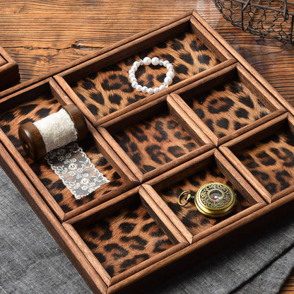 Vintage Walnut Wood Leopard Print Tray with Dividers for Jewelry Storage