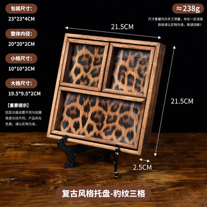 Vintage Walnut Wood Leopard Print Tray with Dividers for Jewelry Storage