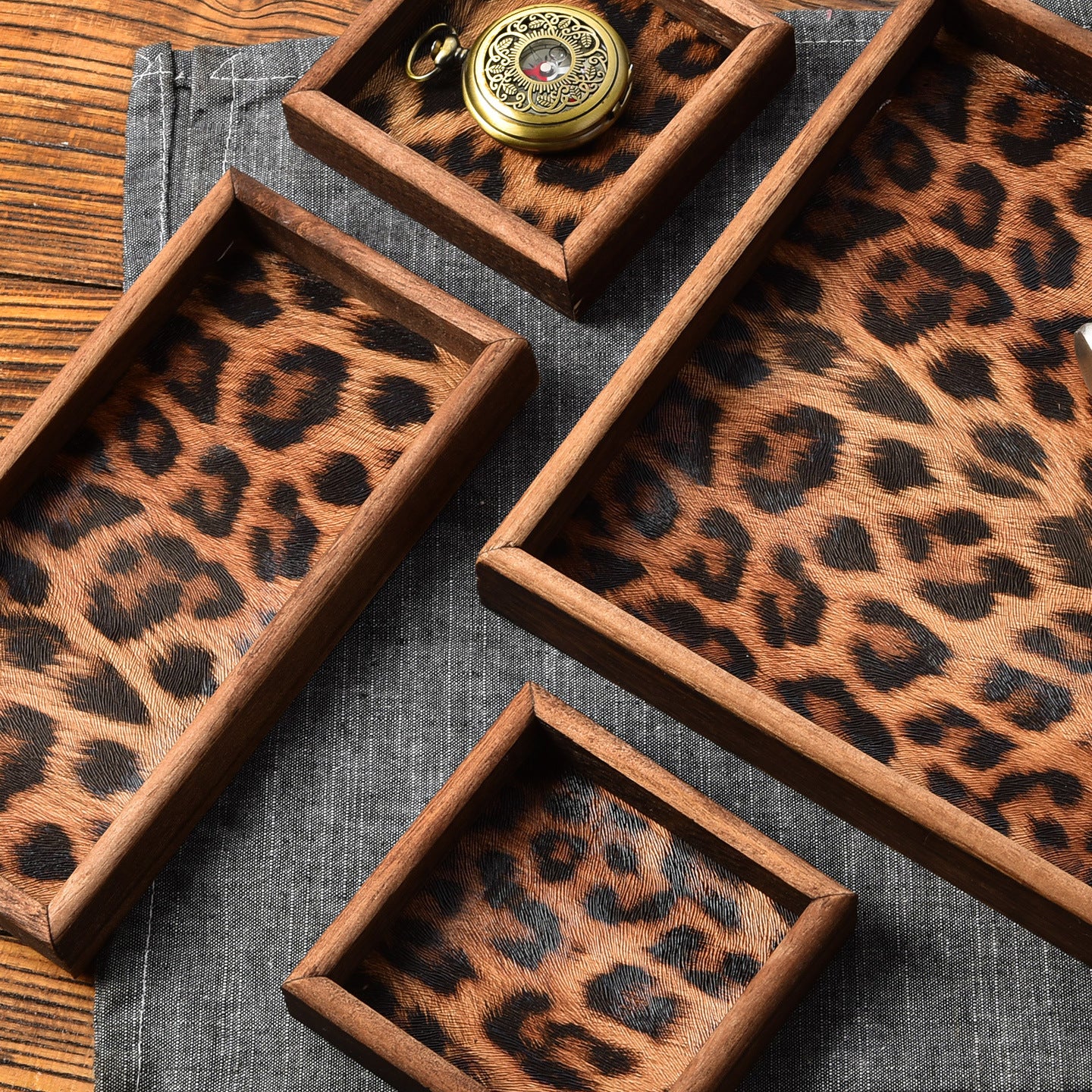 Vintage Walnut Wood Leopard Print Tray with Dividers for Jewelry Storage