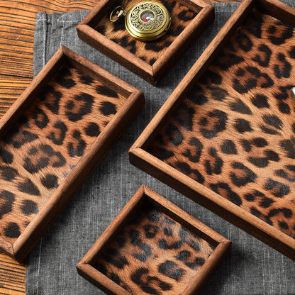 Vintage Walnut Wood Leopard Print Tray with Dividers for Jewelry Storage