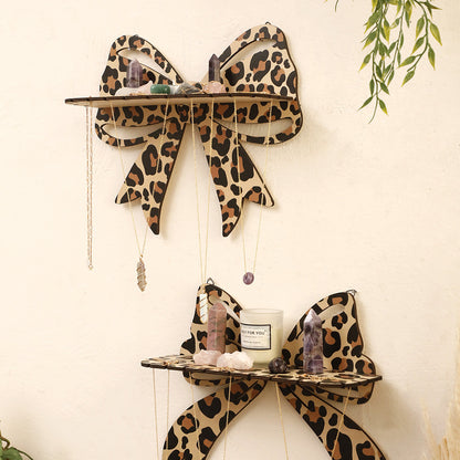 Leopard Print Wooden Wall Shelf with Bow Knot for Bedroom Decor