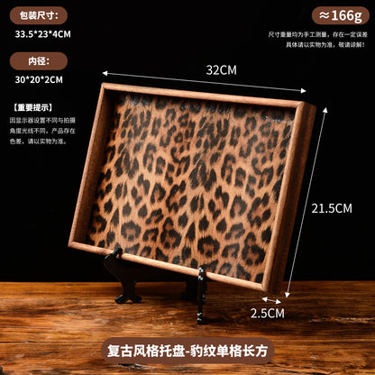 Vintage Walnut Wood Leopard Print Tray with Dividers for Jewelry Storage