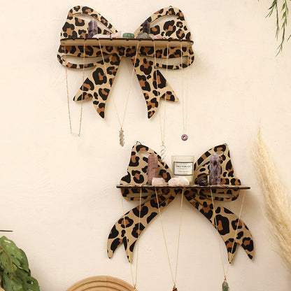 Leopard Print Wooden Wall Shelf with Bow Knot for Bedroom Decor