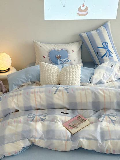 Blue Bow Cotton Bedding Set