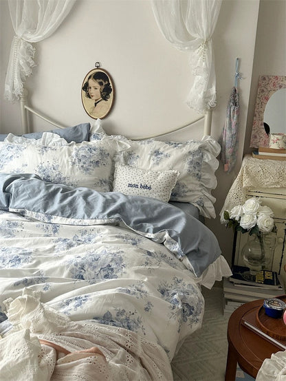Blue Floral Ruffle Cotton Duvet Cover Set