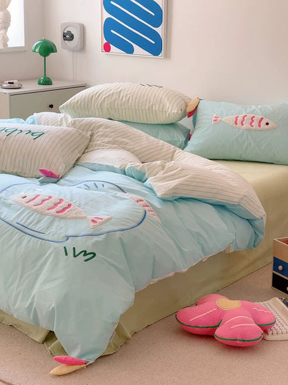 Blue Cartoon Fish Embroidered Bedding Set