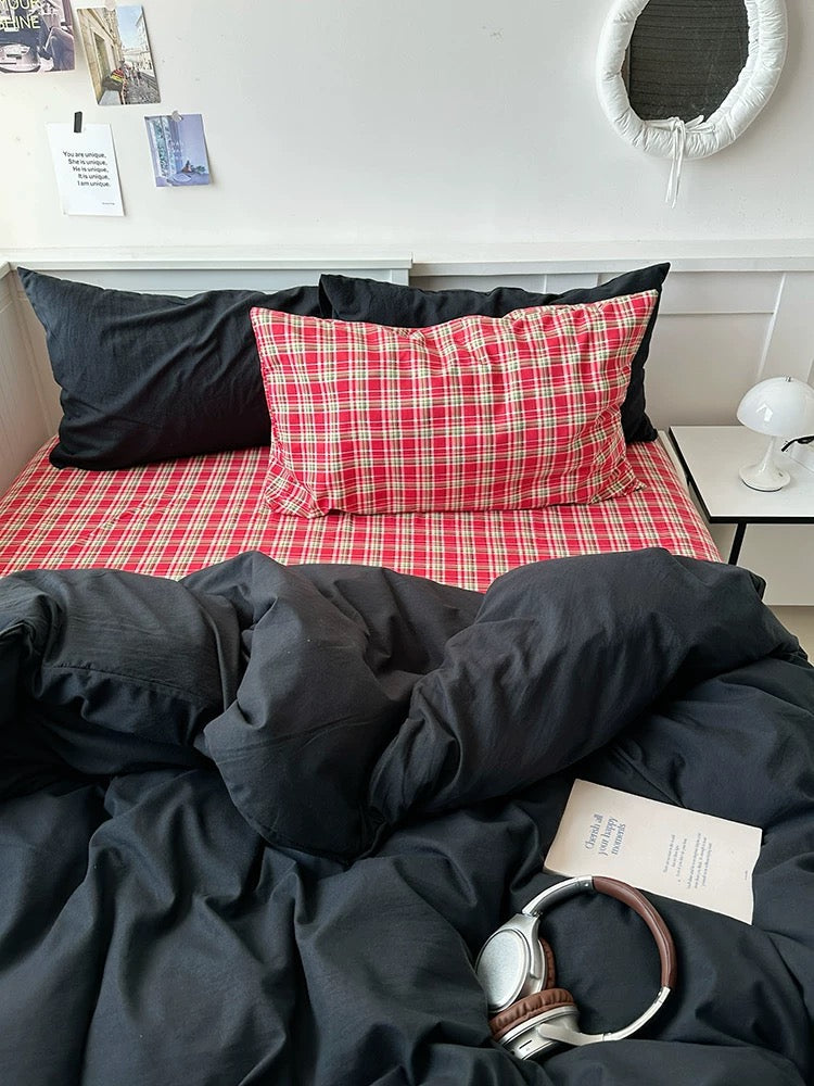 Red Tartan Plaid & Black Bedding Set