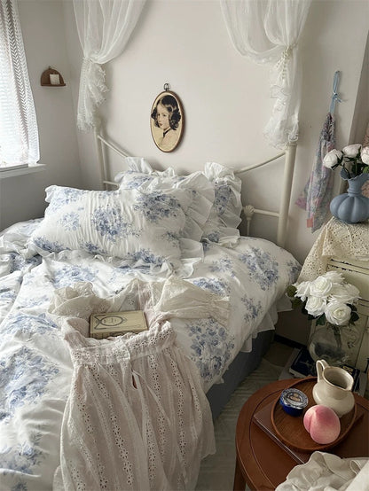 Blue Floral Ruffle Cotton Duvet Cover Set