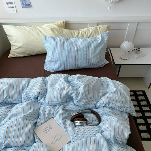 Aesthetic Blue & Brown Striped Duvet Cover Set
