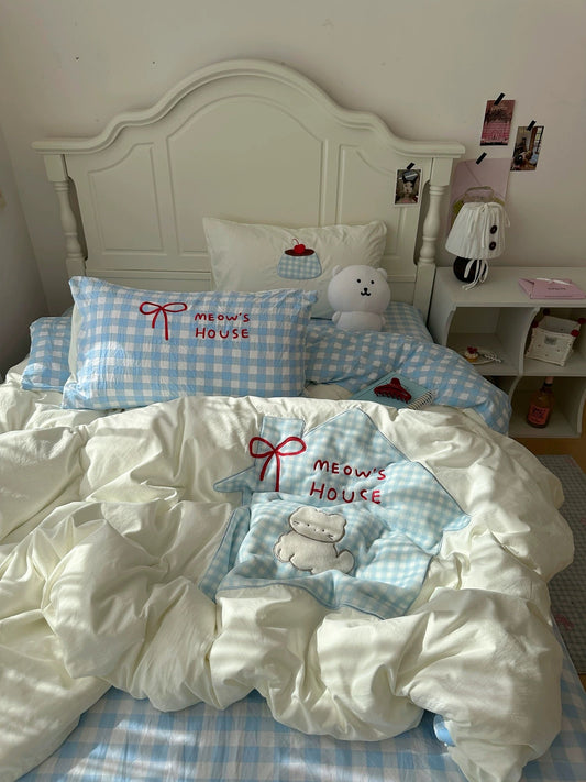 Soft Girl Blue Cat Bedding Set