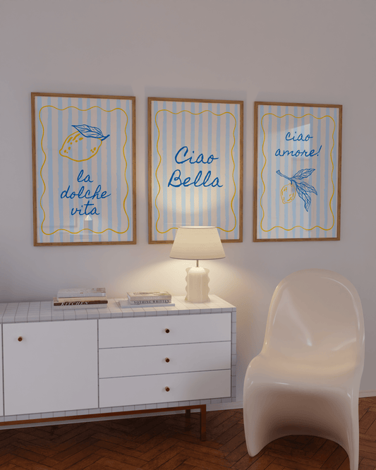 Ciao Bella Italian Wall Art Set | 4-Piece Lemon & Blue Stripe Printable