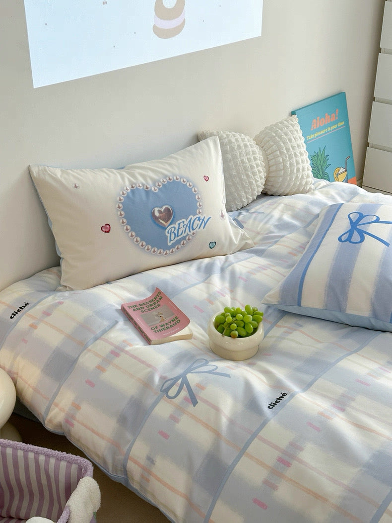 Blue Bow Cotton Bedding Set