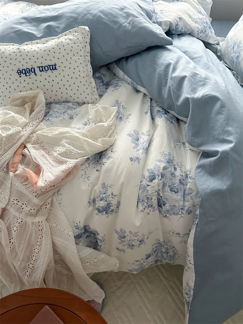 Blue Floral Ruffle Cotton Duvet Cover Set