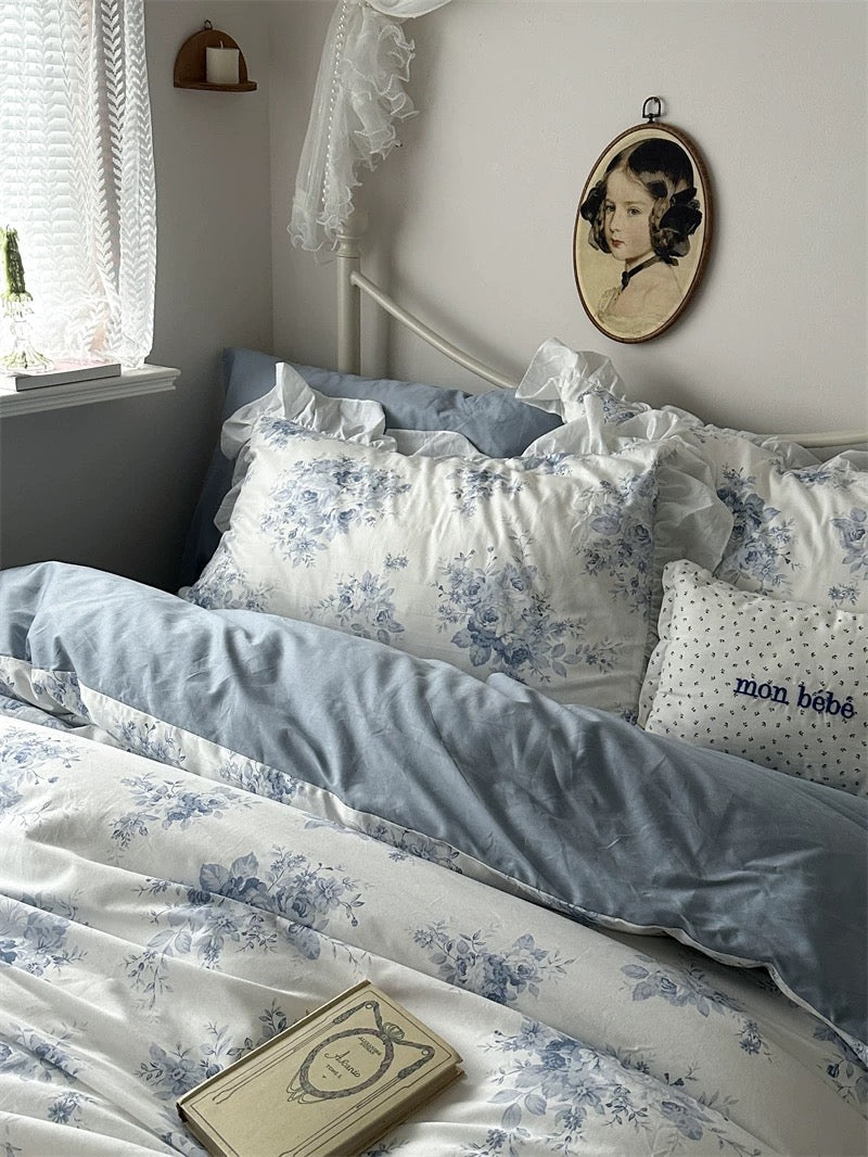 Blue Floral Ruffle Cotton Duvet Cover Set