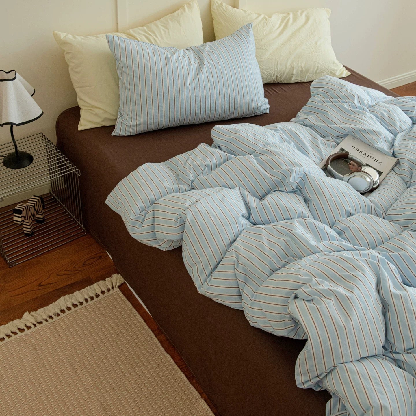Aesthetic Blue & Brown Striped Duvet Cover Set