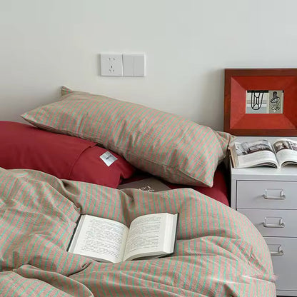 Red & Beige Striped Cotton Bedding Set